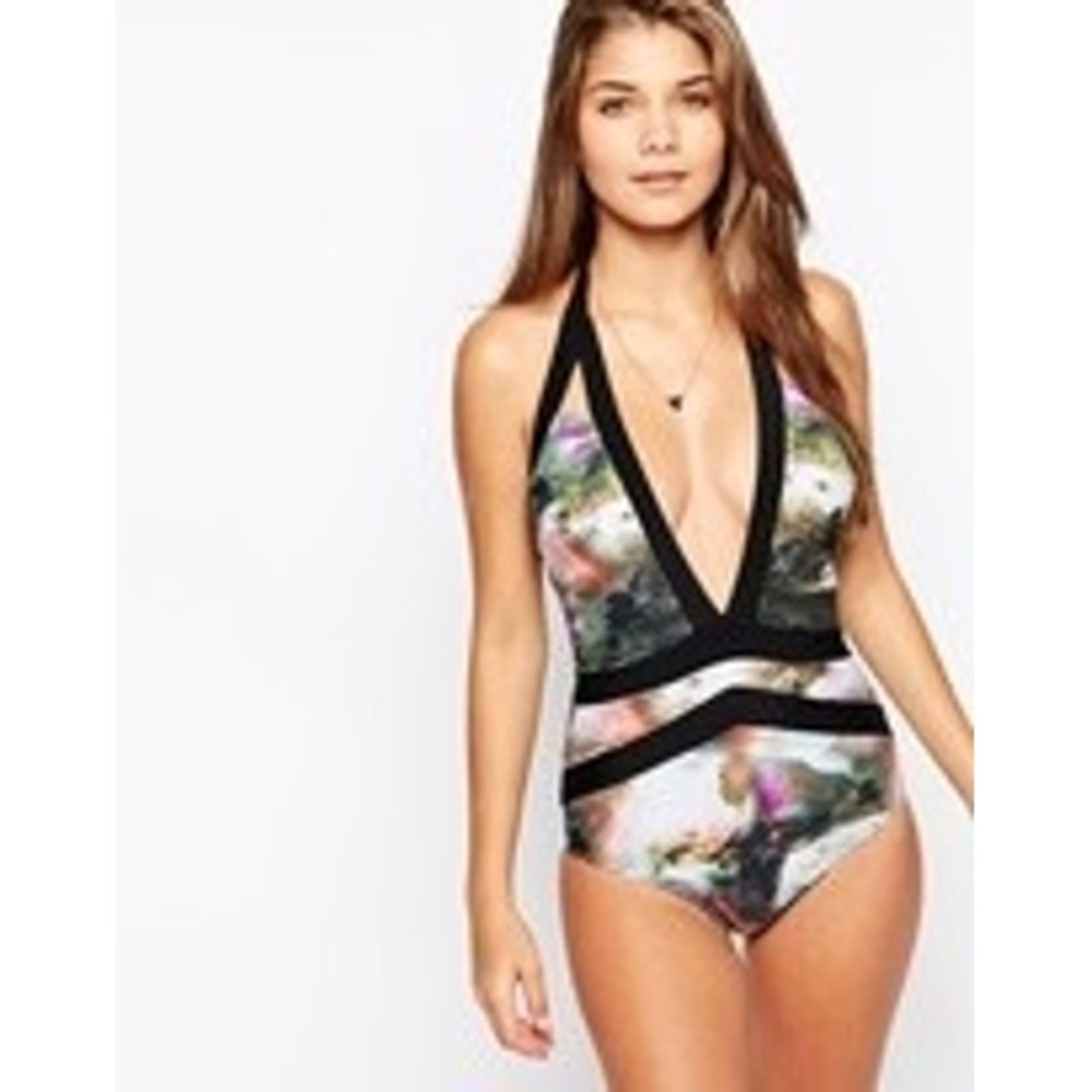 Ted Baker London Waterfall Nature Halter One Piece Swimsuit Plunging Neck Size 4